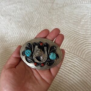 Vintage Silver and Turquoise Belt Buckle with Horseshoe Design